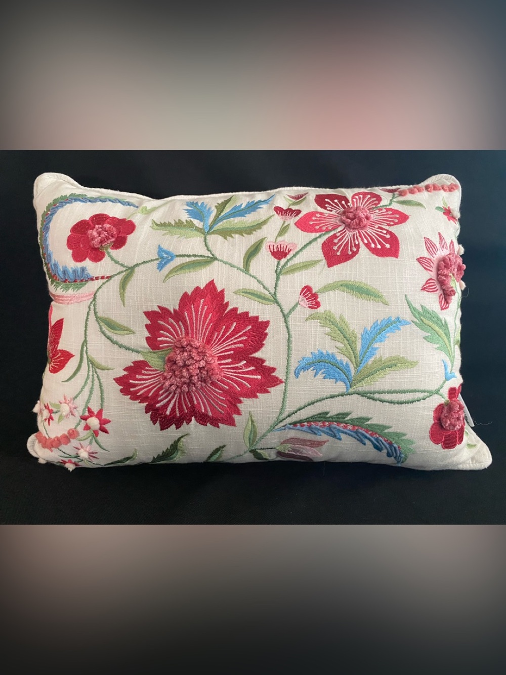 Embroidered Floral Lumbar Pillow in Red and Cream